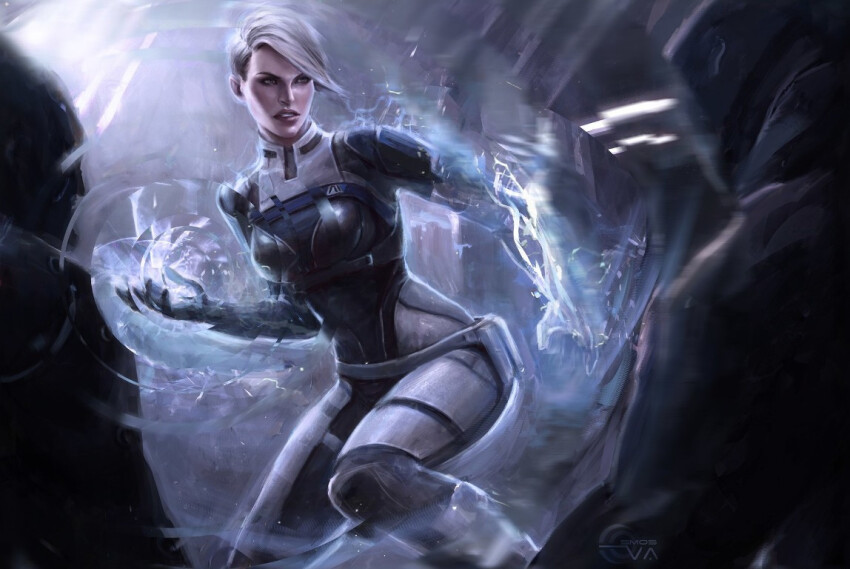 1girl blonde_hair blue_eyes bodysuit breasts commentary cora_harper english_commentary eva_kosmos frown hallway indoors mass_effect:_andromeda mass_effect_(series) medium_breasts open_hands short_hair solo swept_bangs v-shaped_eyebrows white_bodysuit