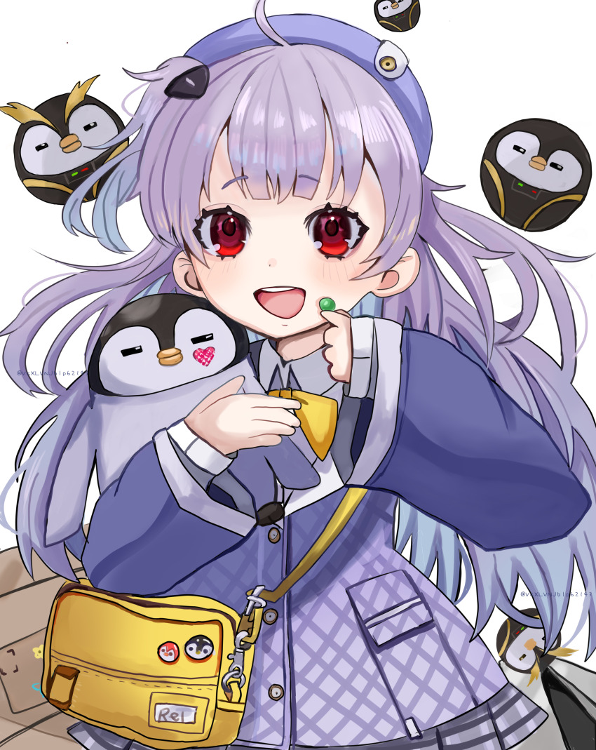1girl absurdres ahoge bag beret bird goddess_of_victory:_nikke hair_ornament hat highres jacket long_hair long_sleeves looking_at_viewer open_mouth penguin purple_hair red_eyes rei_(nikke) school_uniform shirt skirt solo usagi_satsuki white_shirt