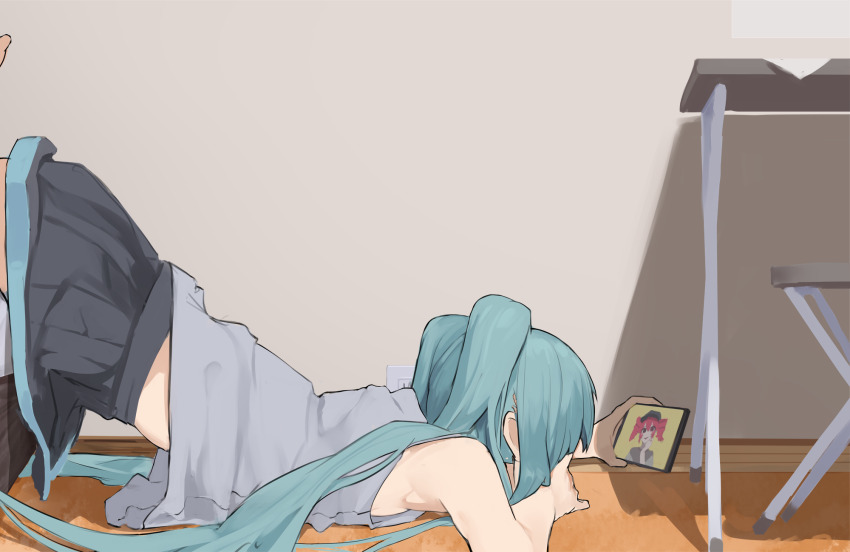 1girl aqua_hair black_skirt cellphone commentary grey_shirt hatsune_miku highres holding holding_phone indoors kasane_teto long_hair miniskirt on_floor phone pocche-ex shirt skirt sleeveless sleeveless_shirt smartphone solo top-down_bottom-up twintails very_long_hair vocaloid watching