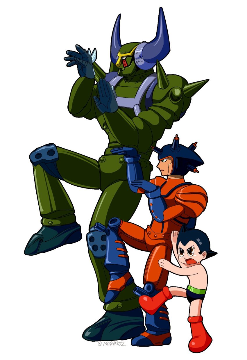 3boys android atlas_(tetsuwan_atom) atom_(tetsuwan_atom) height_difference helmet highres humanoid_robot male_focus mo003112 multiple_boys pluto_(tetsuwan_atom) robot short_hair simple_background size_difference tetsuwan_atom tetsuwan_atom_(2003) white_background yotsubato! yotsubato!_pose