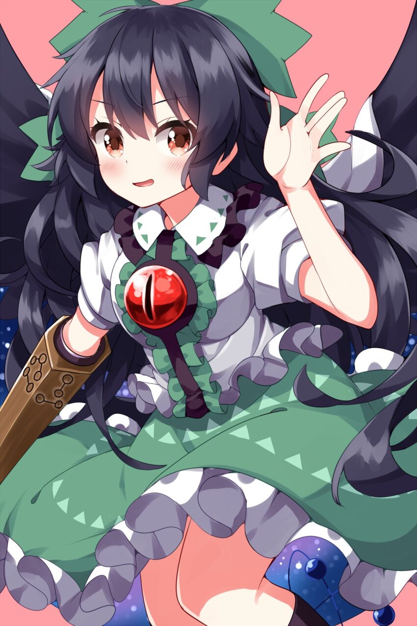 1girl atom bird_wings black_hair black_socks black_wings blush bow breasts brown_eyes cape commentary_request control_rod_(touhou) feathered_wings frilled_skirt frills green_bow green_skirt hair_bow highres kneehighs long_hair open_mouth pink_background puffy_short_sleeves puffy_sleeves reiuji_utsuho ruu_(tksymkw) shirt short_sleeves simple_background skirt small_breasts socks solo third_eye_on_chest touhou very_long_hair white_shirt wings
