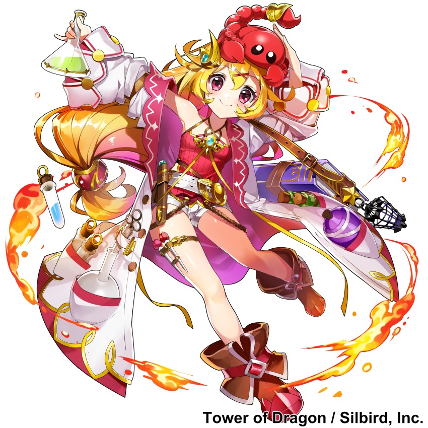 1girl absurdres animal animal_on_head bare_shoulders blonde_hair blush book boots brown_boots cloak closed_mouth copyright_name cork female_focus fire full_body gem hair_ornament hairclip hand_up highres holding long_hair long_sleeves low-tied_long_hair masyu_yuyu off_shoulder official_art on_head oversized_clothes pink_hair pinky_out red_ribbon ribbon scorpion short_shorts shorts simple_background smile solo standing standing_on_one_leg thigh_strap tower_of_dragon very_long_hair vial watermark white_background white_cloak x_hair_ornament