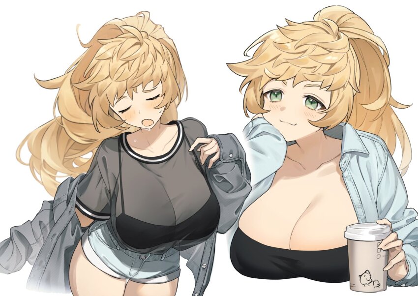 1girl :3 black_jacket blonde_hair blue_shorts blush breasts cleavage closed_mouth collarbone cup denim denim_shorts disposable_coffee_cup disposable_cup fang green_eyes jacket large_breasts long_hair messy_hair open_mouth original ponytail short_shorts shorts simple_background skin_fang smile solo sweat umeda_shiso white_background