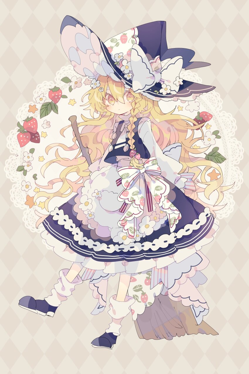 1girl absurdres apron argyle_background argyle_clothes black_hat black_shoes black_skirt black_vest blonde_hair bow braid broom closed_mouth doily flower food frilled_apron frills fruit full_body hat hat_bow highres kirisame_marisa long_hair long_sleeves looking_at_viewer nikorashi-ka shoes single_braid skirt socks solo strawberry touhou vest waist_apron white_apron white_bow white_flower white_socks witch_hat yellow_eyes