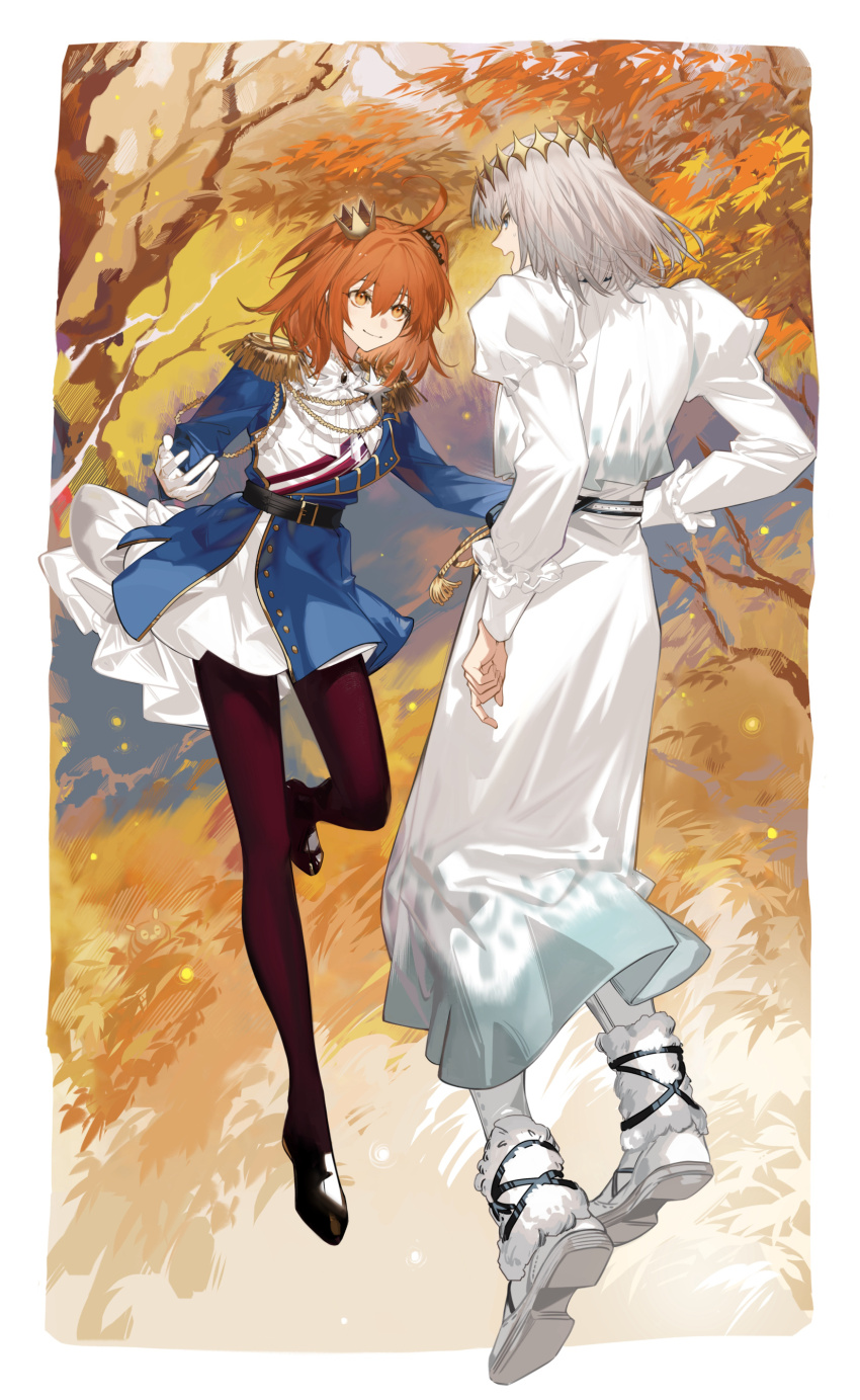 1boy 1girl absurdres ahoge aiguillette arlizi arm_at_side autumn autumn_leaves belt black_belt black_brooch black_footwear black_pantyhose black_scrunchie blue_eyes blue_jacket boots bow bowtie caterpillar closed_mouth crown dress epaulettes eye_contact fate/grand_order fate_(series) forest fujimaru_ritsuka_(female) fujimaru_ritsuka_(female)_(halloween_royalty) full_body fur-trimmed_boots fur_trim gloves gold_trim grass grey_hair hair_between_eyes highres jacket juliet_sleeves leaf leg_up long_sleeves looking_at_another medium_hair mini_crown nature oberon_(fate) oberon_(second_ascension)_(fate) one_side_up open_mouth orange_eyes orange_hair outdoors pantyhose puffy_sleeves revision scrunchie shoes sleeve_cuffs smile sweatdrop tassel tree white_bow white_bowtie white_dress white_footwear white_gloves