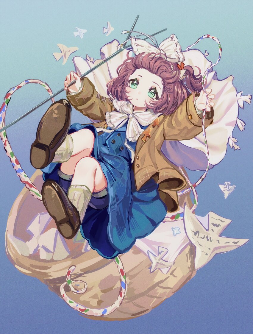 1girl :o absurdres bangs_blown_up blue_background blue_eyes blue_shorts blue_skirt blue_vest bow brown_hair brown_jacket brown_shoes cape cynthia_(uuzz5324) floating flutterpage full_body hair_bow hands_up highres holding holding_rod holding_rope jacket looking_up reverse:1999 rod rope shoes short_hair shorts shorts_under_skirt simple_bird skirt socks solo vest white_bow white_cape white_socks