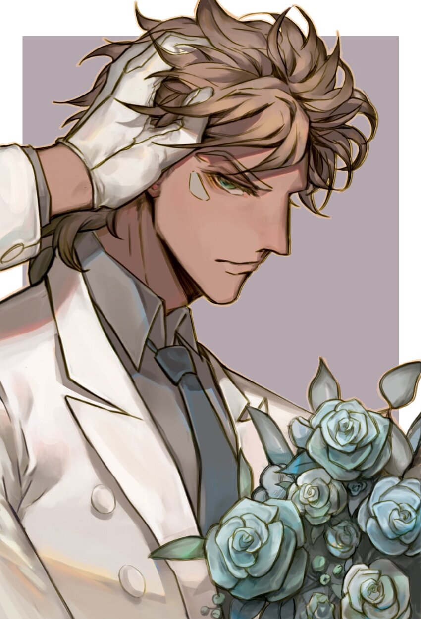 1boy battle_tendency blonde_hair blue_flower blue_rose facial_mark flower formal_clothes gloves green_eyes hand_in_own_hair highres jojo_no_kimyou_na_bouken male_focus necktie rose solo suit suzuri513 white_gloves white_suit