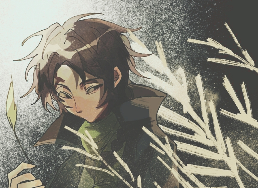 1boy beiquqian black_eyes black_jacket braid brown_hair chinese_commentary closed_mouth commentary_request green_scarf grey_shirt hand_up harada_minoru holding holding_leaf jacket leaf long_hair male_focus open_clothes open_jacket plant saibou_shinkyoku scar scar_on_face scar_on_forehead scarf shirt side_braid single_braid solo upper_body