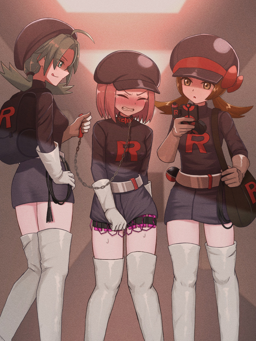 3girls backpack bag belt black_hat black_shirt black_skirt blush boots breasts brown_eyes brown_hair collar commission dark_persona female_orgasm gloves green_eyes green_hair hat highres kris_(pokemon) leash low_twintails lyra_(pokemon) miniskirt multiple_girls newsboy_cap nintendo nipple_stimulation orgasm pixiv_commission pokemon pokemon_gsc pokemon_hgss remote_control_vibrator sex_toy shirt short_hair shoulder_bag skirt small_breasts team_rocket team_rocket_grunt team_rocket_uniform tears thigh_boots thigh_strap twintails vibrator vibrator_in_thigh_strap vibrator_on_nipple vibrator_under_clothes white_boots white_gloves wombatvxww2553