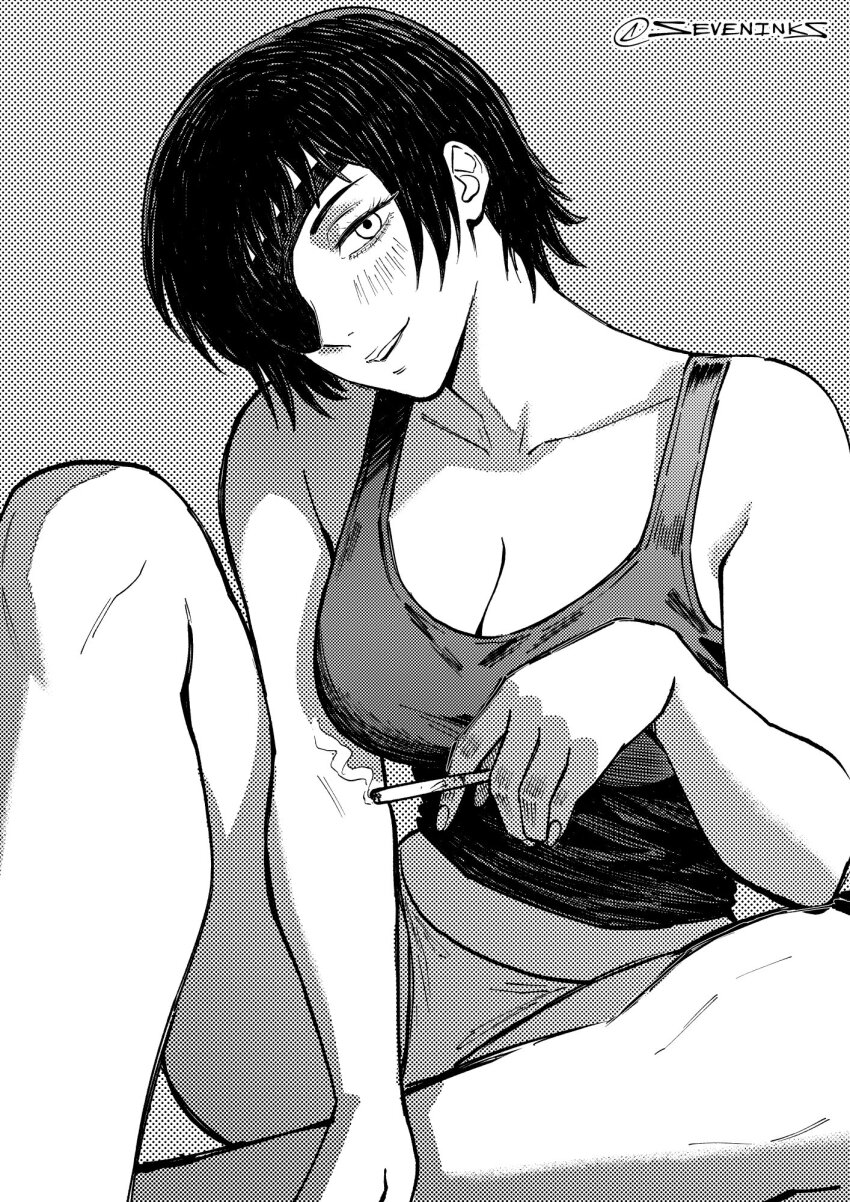 1girl artist_name breasts chainsaw_man cigarette collarbone commentary dotted_background english_commentary eyepatch greyscale hatching_(texture) highres himeno_(chainsaw_man) holding holding_cigarette large_breasts legs looking_at_viewer monochrome panties parted_lips seveninks short_hair sitting sleeveless solo tank_top underwear