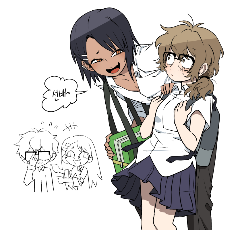 1boy 1girl bag black_skirt brown_eyes brown_hair collared_shirt fang genderswap genderswap_(ftm) genderswap_(mtf) glasses hachiouji_naoto highres ijiranaide_nagatoro-san lau_(laustar30) nagatoro_hayase open_mouth pleated_skirt school_uniform shirt short_sleeves shoulder_bag simple_background skin_fang skirt tan white_background white_shirt wide-eyed