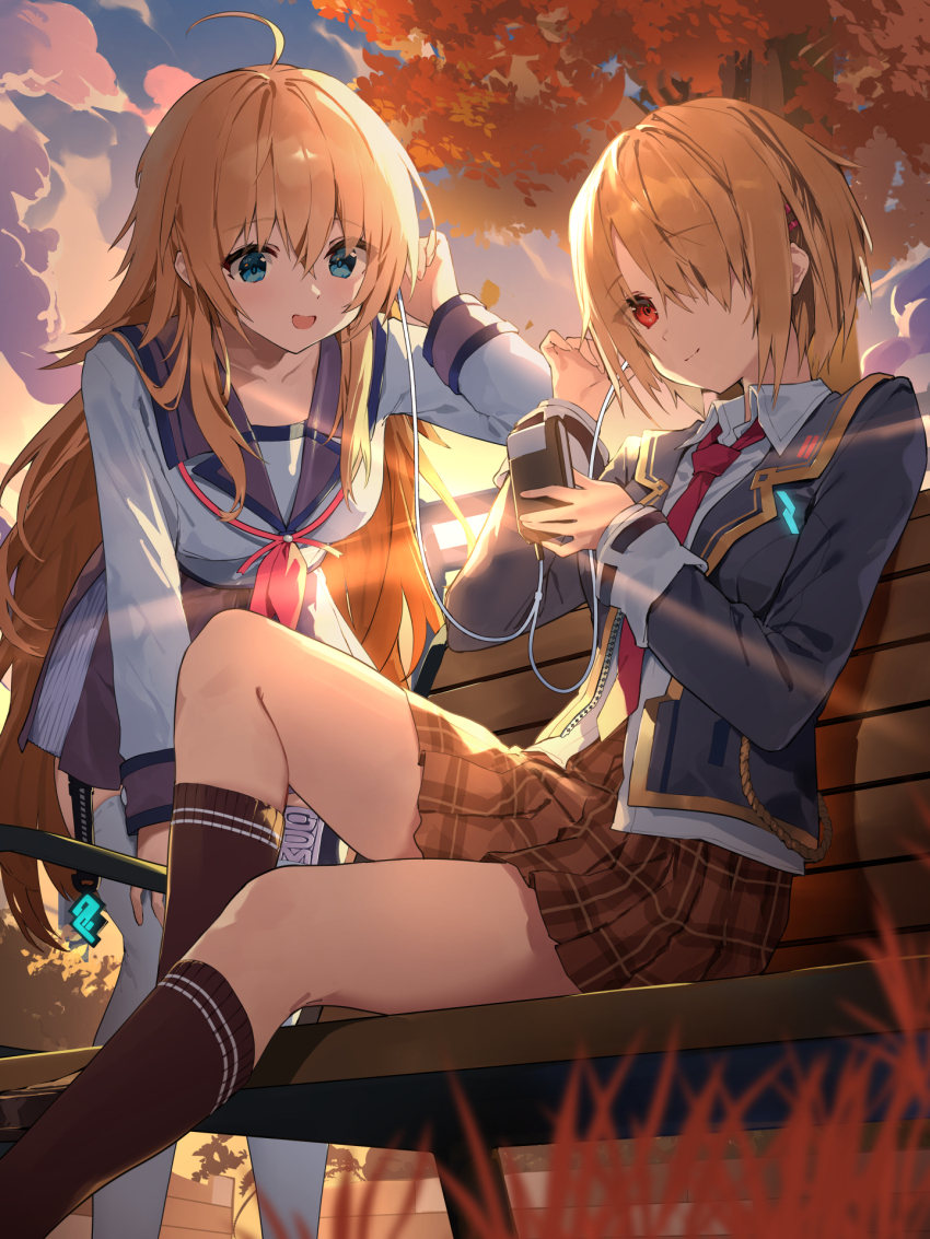 2girls ahoge amagasa_yun angel_beats! bench blonde_hair blue_eyes blue_jacket closed_mouth cloud collared_shirt commentary_request earphones from_below grass hair_over_one_eye heaven_burns_red highres jacket kayamori_ruka leaning_forward leg_up long_hair miniskirt multiple_girls neckerchief necktie one_eye_covered open_mouth outdoors pink_neckerchief plaid_clothes plaid_skirt red_eyes red_necktie school_uniform sekine_shiori serafuku shared_earphones shinda_sekai_sensen_uniform shirt short_sleeves sitting skirt smile standing sunset thighhighs thighs tree untucked_shirt white_shirt white_thighhighs wooden_bench zipper