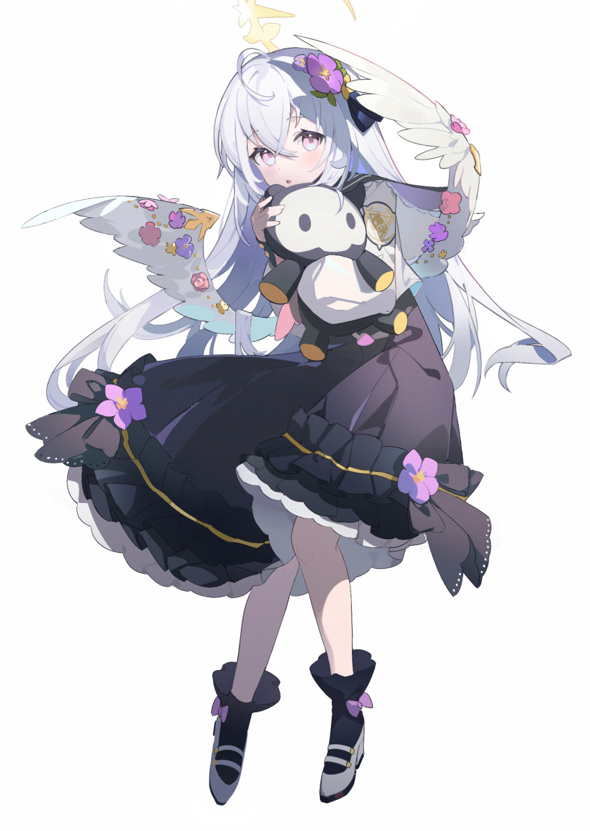 1girl ankle_socks azusa_(blue_archive) black_dress black_ribbon black_sailor_collar black_socks blue_archive bow_legwear cardigan crossed_bangs dress e_li_(77864296) feathered_wings flower frilled_dress frills full_body hair_between_eyes hair_flower hair_ornament hair_ribbon halo highres holding holding_stuffed_toy long_hair long_sleeves low_wings mary_janes parted_lips pink_flower puffy_long_sleeves puffy_sleeves purple_eyes purple_flower ribbon sailor_collar school_uniform serafuku shoes simple_background skullman_(blue_archive) socks solo straight_hair stuffed_animal stuffed_toy white_background white_cardigan white_hair white_shoes white_wings wing_ornament wings yellow_flower yellow_halo