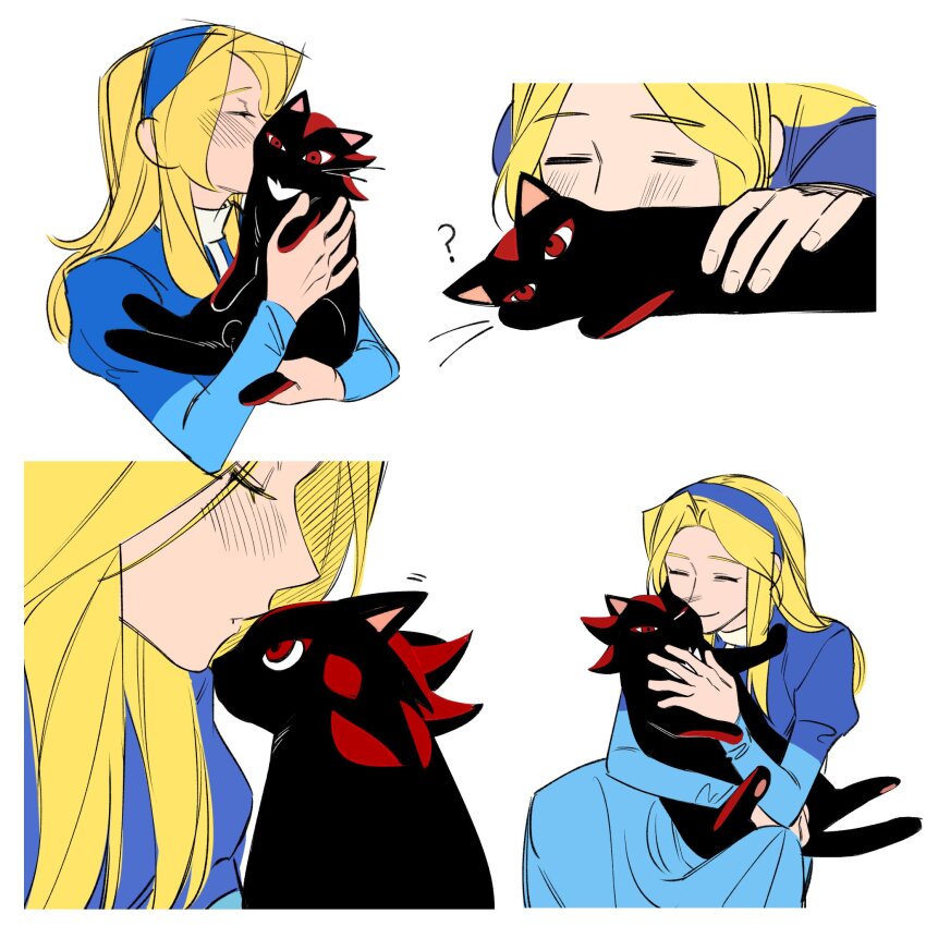 1girl ? animal animalization blonde_hair blue_dress blue_hairband blush cat chinese_commentary closed_eyes closed_mouth commentary_request dress hairband highres holding holding_animal holding_cat kiss kissing_animal kissing_cheek long_hair maria_robotnik multiple_views shadow_the_hedgehog simple_background sitting smile sonic_(series) white_background yicuojinan