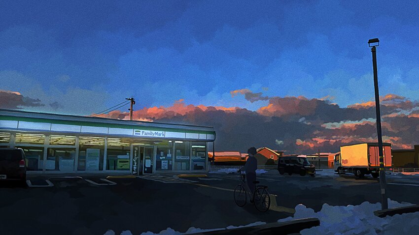 1boy banakotakemaru bicycle blue_sky brand_name_imitation cloud cloudy_sky commentary_request convenience_store familymart highres motor_vehicle original outdoors parking_lot power_lines scenery shop sky solo truck utility_pole wide_shot