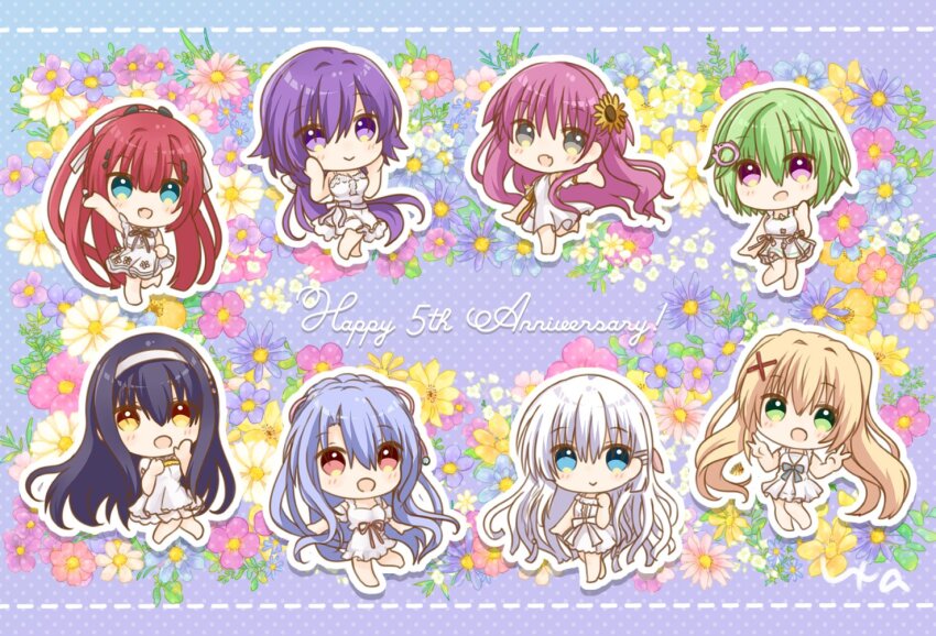 6+girls black_hair blonde_hair blue_eyes blue_hair blunt_bangs chibi crocodile_hair_ornament dress flower green_eyes green_hair hair_between_eyes hair_flower hair_intakes hair_ornament hairband hairclip happy_anniversary kamiyama_shiki katou_umi kushima_kamome long_hair looking_at_viewer mizuori_shizuku multiple_girls naruse_shiroha nomura_miki open_mouth pink_eyes ponytail purple_eyes purple_hair red_eyes red_hair short_hair sidelocks sleeveless smile sorakado_ao summer_pockets tsumugi_wenders twintails two_side_up ura_(ura-tennislove) white_dress white_hair x_hair_ornament yellow_eyes