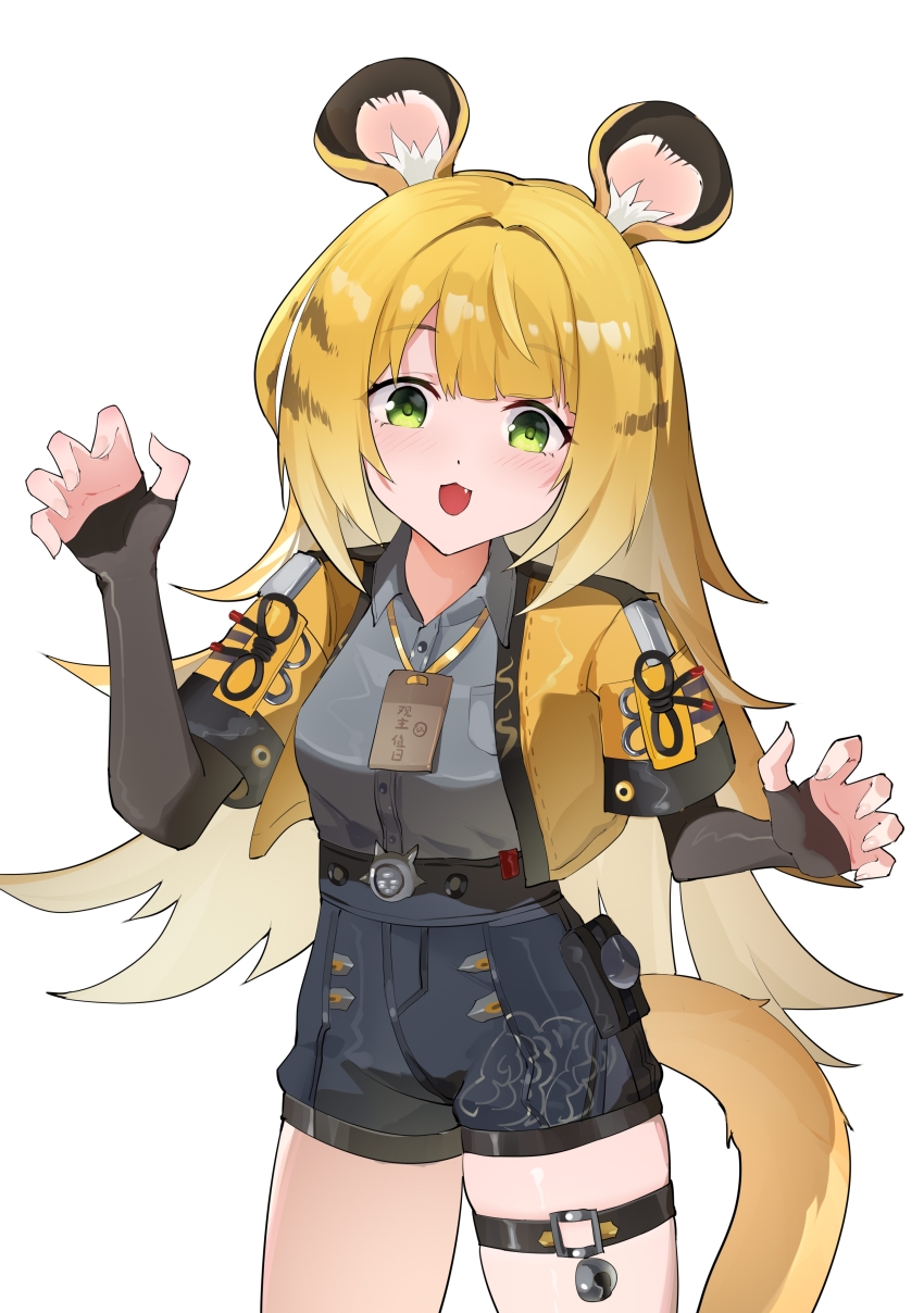 1girl a_maple absurdres animal_ear_fluff animal_ears black_gloves claw_pose collared_shirt cowboy_shot elbow_gloves fingerless_gloves gloves green_eyes grey_shirt high-waist_shorts highres jacket ju_fufu long_hair looking_at_viewer orange_fur shirt shorts smile striped_hair tail tiger_ears tiger_girl tiger_tail white_background yellow_jacket zenless_zone_zero