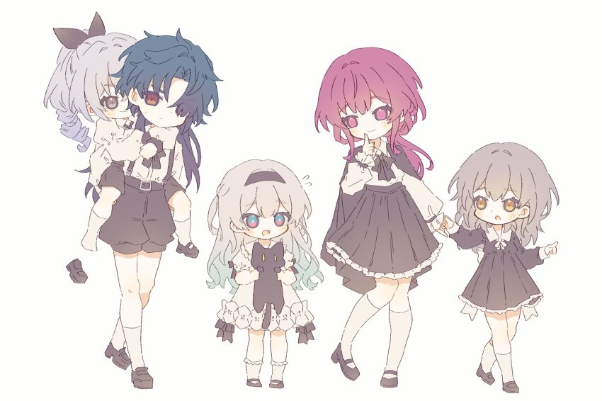 black_cat black_skirt blade_(honkai:_star_rail) carrying cat elio_(honkai:_star_rail) firefly_(honkai:_star_rail) highres holding_hands kafka_(honkai:_star_rail) komano_shia piggyback silver_wolf_(honkai:_star_rail) skirt stelle_(honkai:_star_rail) trailblazer_(honkai:_star_rail)
