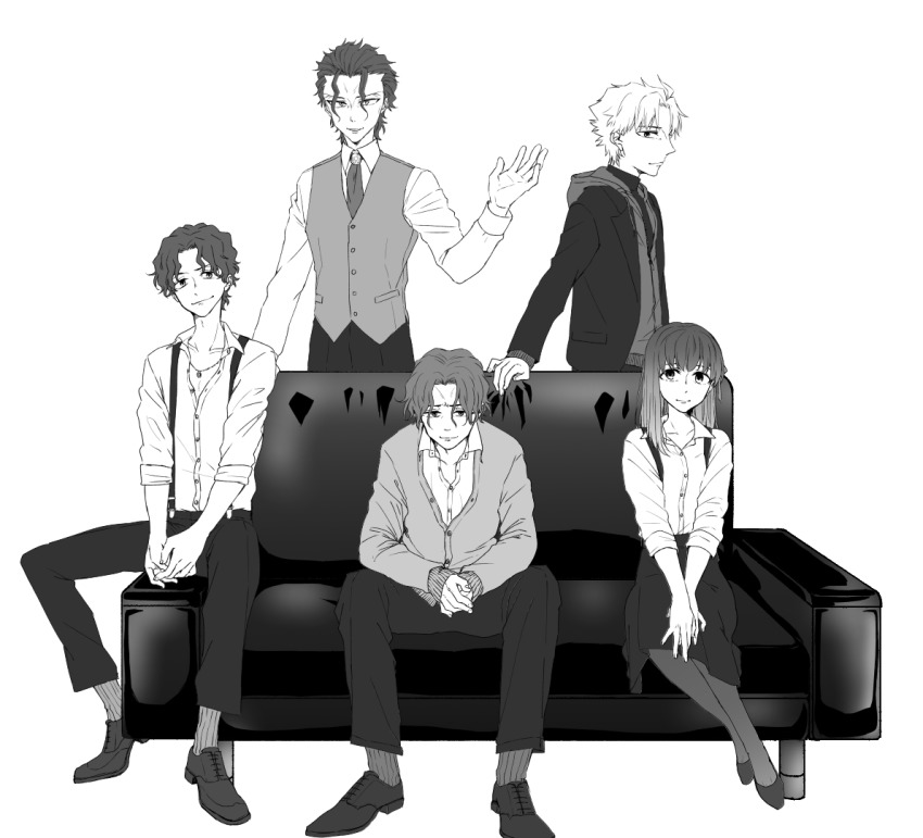 1girl 4boys brothers family fate/stay_night fate/zero fate_(series) father_and_son greyscale hair_ribbon hood long_hair matou_byakuya matou_kariya matou_sakura matou_shinji matou_zouken monochrome multiple_boys necktie ribbon ronpaxronpa short_hair siblings sitting skirt smile suspender_skirt suspenders sweater time_paradox uncle_and_niece vest wavy_hair