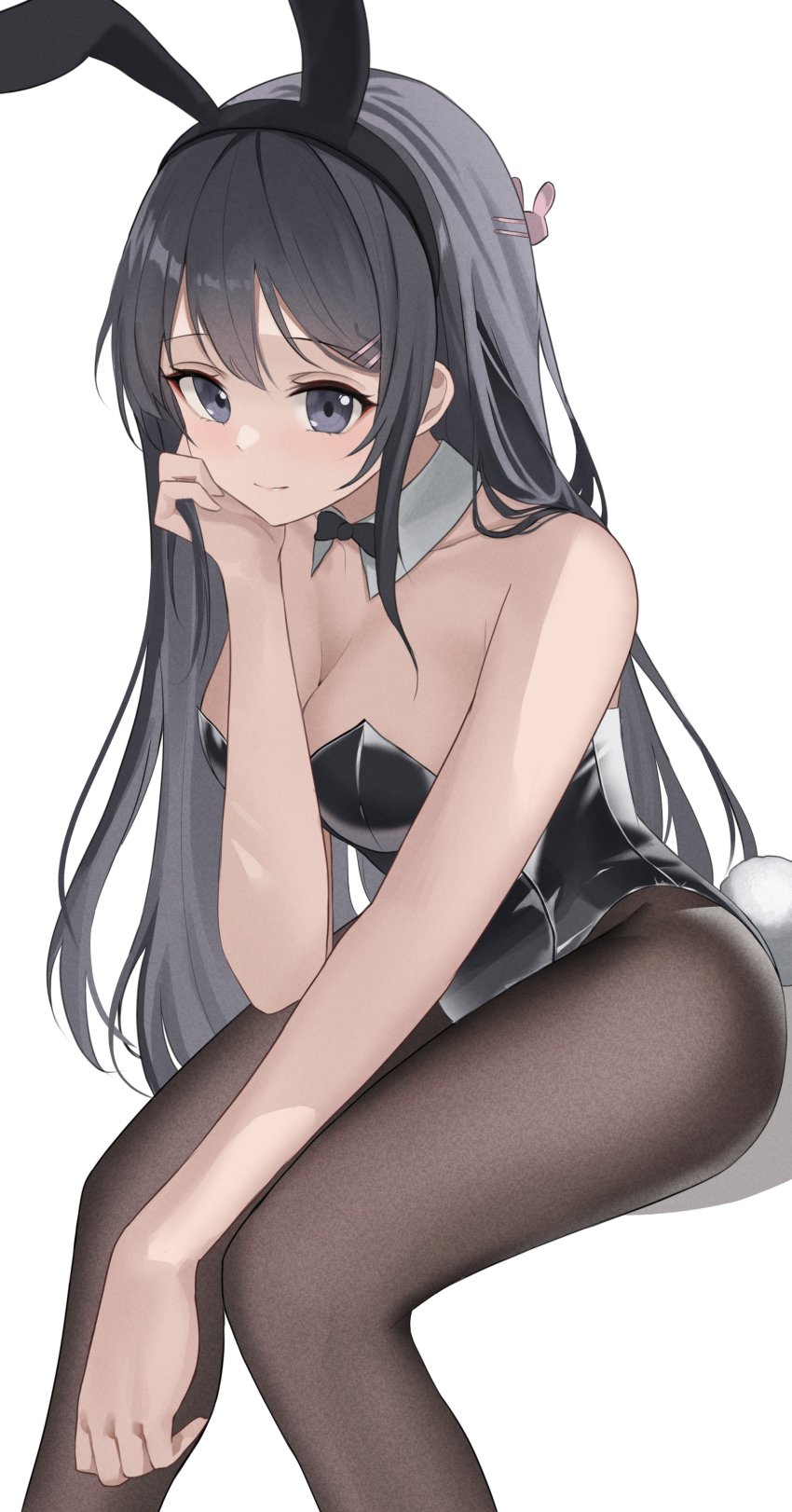 1girl absurdres animal_ears bare_shoulders black_bow black_bowtie black_hair black_leotard blue_eyes bow bowtie breasts brown_pantyhose cleavage closed_mouth detached_collar fake_animal_ears fake_tail hair_ornament hairclip head_rest highres leotard long_hair medium_breasts pantyhose playboy_bunny rabbit_ears rabbit_hair_ornament rabbit_tail sakurajima_mai seishun_buta_yarou simple_background sitting solo strapless strapless_leotard tail ttusee5 white_background