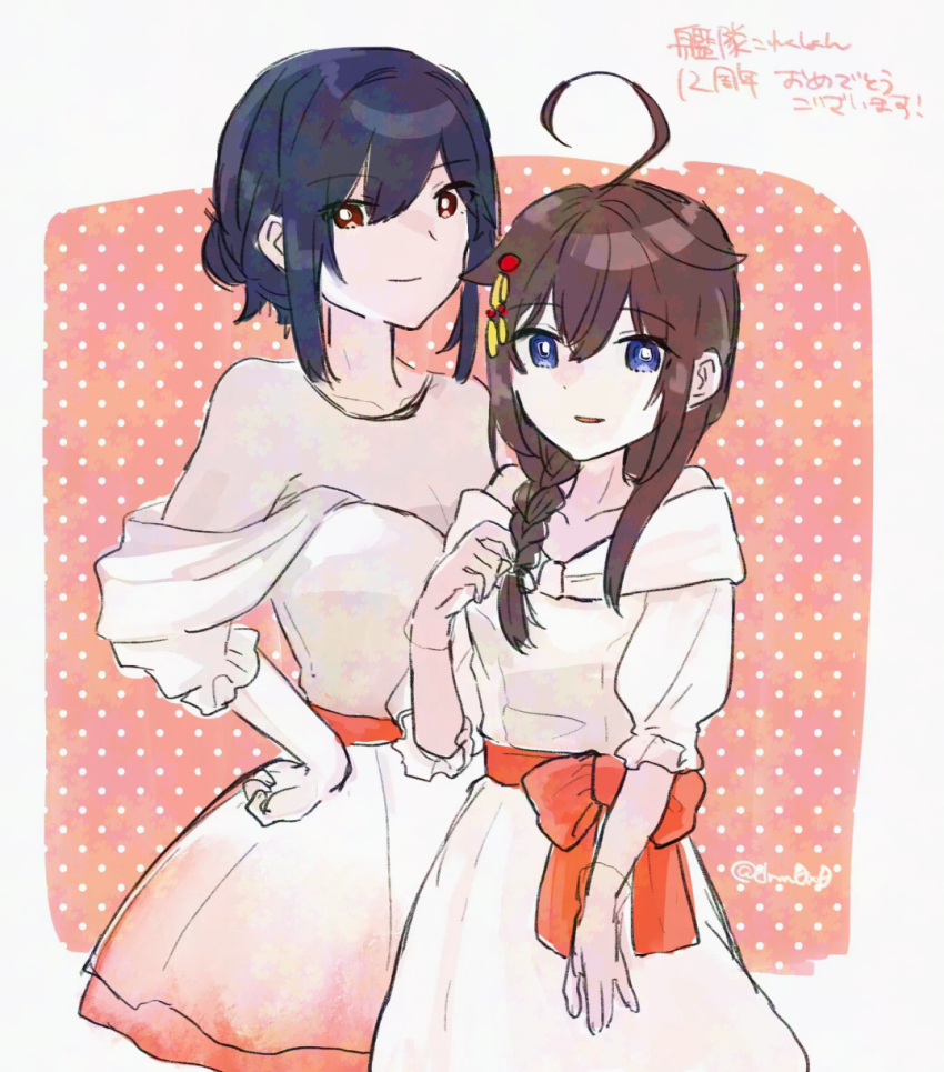 2girls ahoge alternate_costume alternate_hairstyle black_hair blue_eyes braid commentary_request dress hair_bun hair_ornament highres kantai_collection kurou_oruha multiple_girls off-shoulder_dress off_shoulder orange_ribbon polka_dot polka_dot_background red_eyes ribbon shigure_(kancolle) shigure_kai_san_(kancolle) short_hair single_braid translation_request white_dress yamashiro_(kancolle)