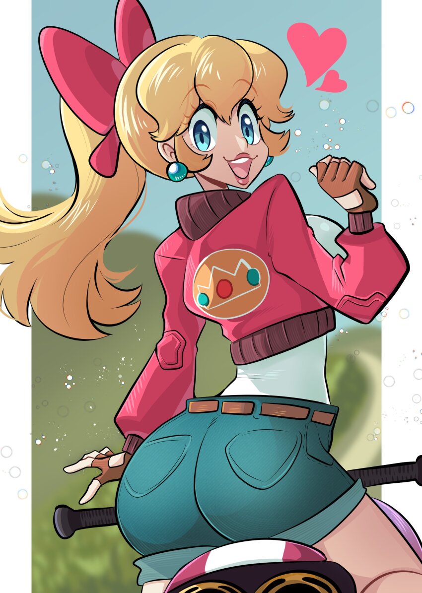 1girl absurdres blonde_hair blue_eyes bow breasts denim denim_shorts earrings fingerless_gloves gloves hair_bow highres jacket jewelry long_hair looking_at_viewer mario_(series) mario_kart mario_kart_world missandydandy motor_vehicle motorcycle nintendo partially_open_jacket pink_bow pink_jacket ponytail princess_peach princess_peach_(touring) shirt shorts smile solo sphere_earrings white_shirt
