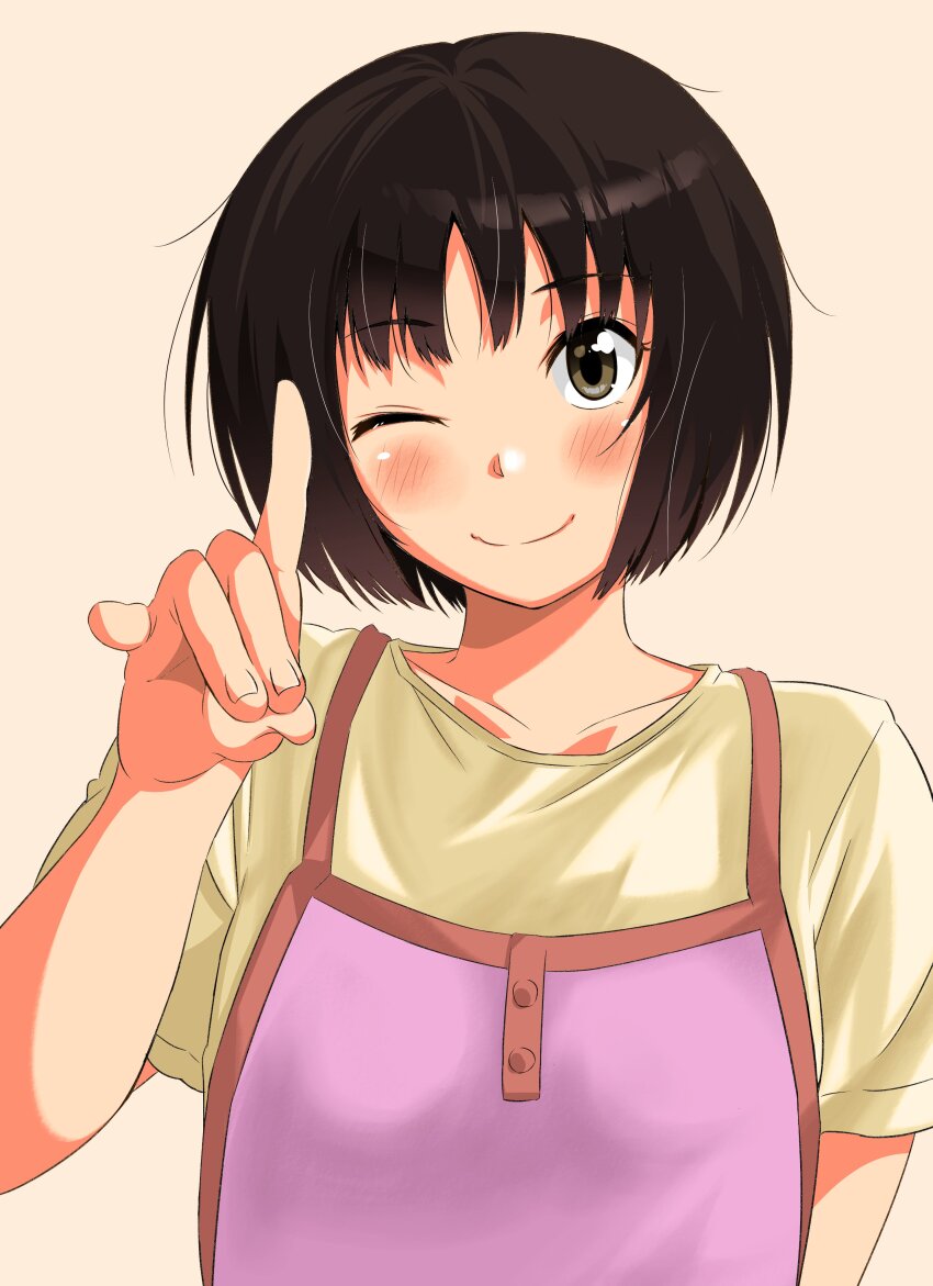 1girl absurdres amagami arm_at_side blush bob_cut brown_eyes brown_hair casual close-up closed_mouth commentary dress fox_shadow_puppet hand_up highres jishaku_(user_rcuz2843) looking_at_viewer loose_hair_strand messy_hair one_eye_closed pinafore_dress pink_dress portrait shirt short_hair short_sleeves sleeveless sleeveless_dress smile solo straight-on t-shirt tachibana_miya upper_body yellow_shirt