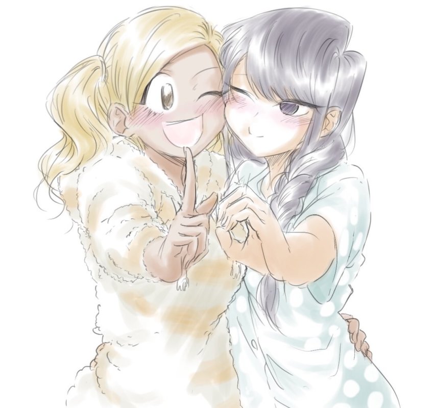 2girls black_eyes black_hair blonde_hair cheek-to-cheek dark-skinned_female dark_skin heads_together komi-san_wa_komyushou_desu komi_shouko long_hair manbagi_rumiko mitsugu multiple_girls simple_background smile white_background