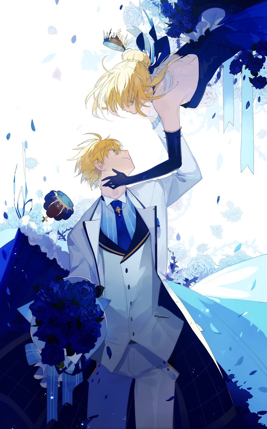 1boy 1girl absurdres ahoge arched_crown arm_up arthur_pendragon_(fate) arthur_pendragon_(white_rose)_(fate) artoria_pendragon_(fate) bare_shoulders blonde_hair blue_cape blue_dress blue_flower blue_gloves blue_necktie blue_petals blue_ribbon blue_rose blue_shirt bouquet brooch bun_with_braided_base cape closed_mouth collared_shirt colored_eyelashes commentary crown dress elbow_gloves fate/extella fate/extella_link fate/extra fate/grand_order fate_(series) flower from_side fur-trimmed_cape fur_trim gloves green_eyes hair_between_eyes hair_ribbon hand_on_another&#039;s_face highres holding holding_bouquet jacket jewelry lapels long_sleeves looking_at_another looking_down looking_up mini_crown necktie open_clothes open_jacket pants petals profile ribbon rose rose_petals saber_(fate) saber_(lapis_lazuli_dress)_(fate) shirt short_hair sleeveless sleeveless_dress smile striped_clothes striped_shirt thorns unworn_cape unworn_crown vertical-striped_clothes vertical-striped_shirt vest white_background white_jacket white_pants white_vest zero_(jckz2334)