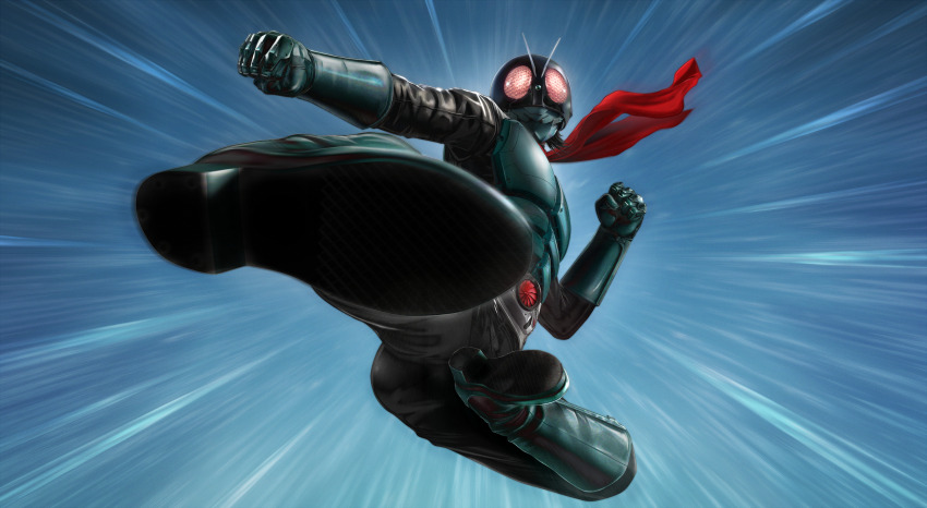 1boy antennae armor belt boots bug compound_eyes finishing_move flying_kick gloves glowing glowing_eyes grasshopper green_armor green_helmet helmet highres imminent_kick insect kamen_rider kamen_rider_1 kamen_rider_1_(shin) kicking male_focus masukudo_(hamamoto_hikaru) red_eyes red_scarf rider_belt rider_kick scarf shin_kamen_rider solo tokusatsu