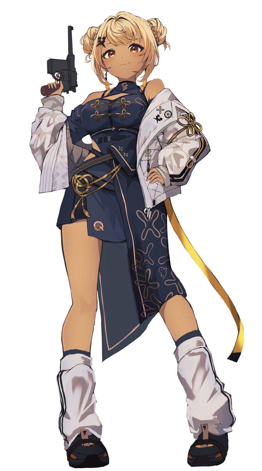 1girl absurdres black_dress black_shoes blonde_hair brown_eyes china_dress chinese_clothes dark-skinned_female dark_skin double_bun dress full_body gun hair_bun handgun highres holding holding_gun holding_weapon jacket jacket_partially_removed kaminari_qpi loose_socks mauser_c96 namako_(namacotan) off_shoulder shoes simple_background smile sneakers socks solo tube_socks virtual_youtuber vspo! weapon white_background white_jacket white_socks