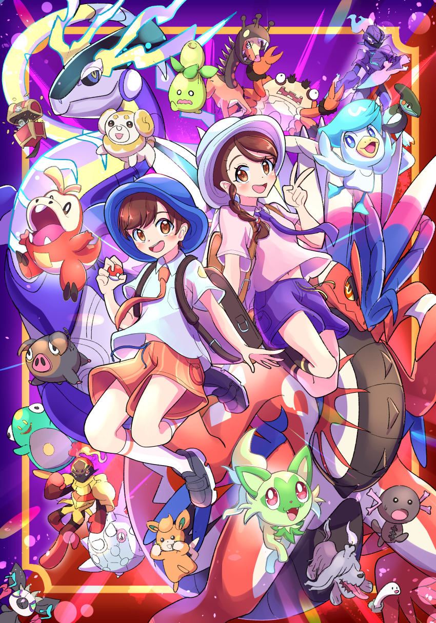 1boy 1girl :d absurdres armarouge backpack bag bellibolt blue_headwear blush braid breast_pocket brown_bag brown_hair ceruledge cetitan commentary cyclizar farigiraf fidough florian_(pokemon) fuecoco gimmighoul gimmighoul_(chest) grafaiai greavard hand_up hat highres juliana_(pokemon) klawf koraidon lechonk miraidon necktie nintendo open_mouth orange_necktie orange_shorts paldean_wooper pawmi pocket pokemon pokemon_(creature) pokemon_sv purple_necktie purple_shorts quaxly shirt shoes short_hair short_sleeves shorts smile smoliv socks sprigatito v white_socks wiglett yukimaru_(jvje4777)