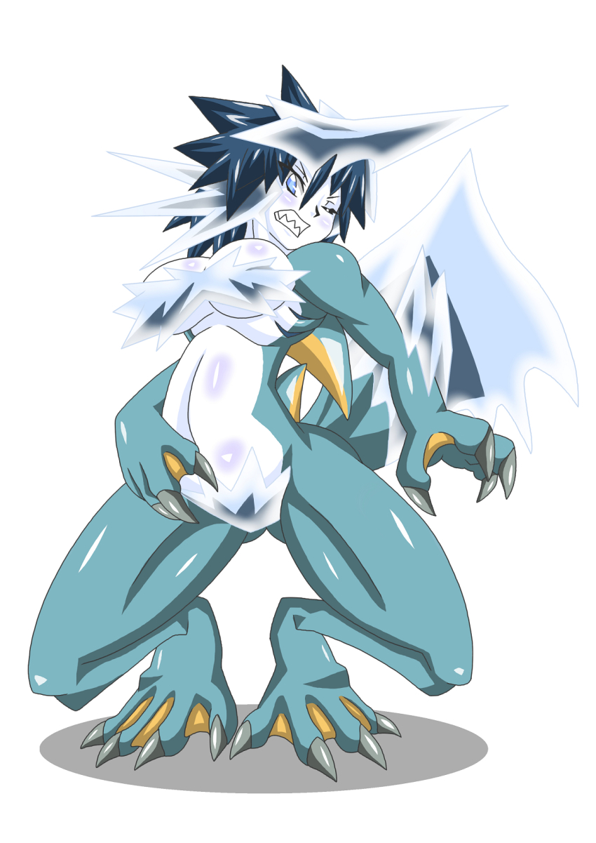 1girl blue_eyes breasts buti-yu highres monster_girl monster_hunter_(series) one_eye_closed personification sharp_teeth teeth wink zamtrios
