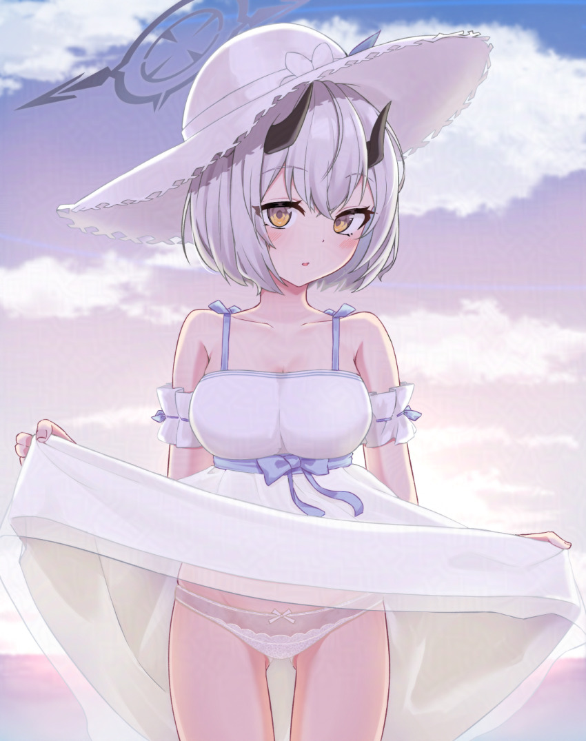 1girl armband bare_shoulders blue_archive blush breasts cleavage clothes_lift collarbone dress frilled_armband frills halo hat highres horns large_breasts looking_at_viewer nenosame open_mouth panties sena_(blue_archive) sena_(casual)_(blue_archive) short_hair solo sun_hat sundress thighs underwear white_armband white_dress white_hair white_hat white_panties yellow_eyes
