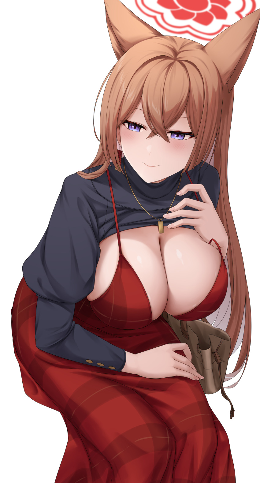1girl absurdres animal_ears blue_archive breasts chien_zero closed_mouth commentary_request dress halo highres jewelry large_breasts long_hair necklace plaid_clothes plaid_dress red_dress red_halo rumi_(blue_archive) simple_background sitting smile solo white_background
