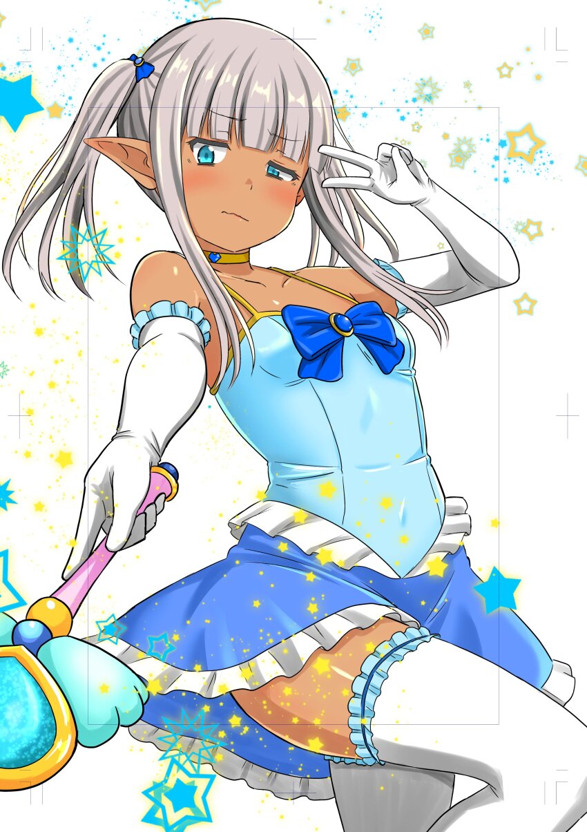 1girl absurdres bare_shoulders blue_bow blue_eyes blue_skirt blunt_bangs bow breasts closed_mouth collarbone cowboy_shot dark-skinned_female dark_elf dark_skin elbow_gloves elf gloves grey_hair hair_bow half-closed_eye highres holding holding_wand karla_(kono_healer_mendokusai) kono_healer_mendokusai long_sidelocks looking_at_viewer magical_girl miniskirt official_art pointy_ears sidelocks skirt sleeveless small_breasts solo spaghetti_strap star_(symbol) tannen_ni_hakkou thighhighs twintails uneven_eyes v wand wavy_mouth white_background white_gloves white_thighhighs zettai_ryouiki