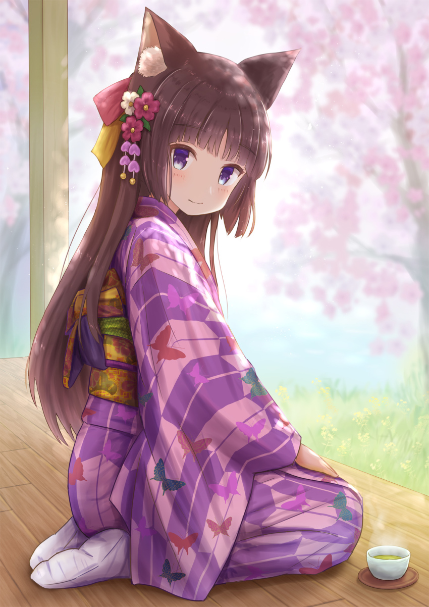 1girl animal_ear_fluff animal_ears blue_eyes blush brown_hair cat_ears cherry_blossoms closed_mouth commentary_request cup day flower full_body hair_flower hair_ornament highres iroha_(iroha_matsurika) japanese_clothes kimono long_hair long_sleeves looking_at_viewer looking_to_the_side mutsuki_(iroha_(iroha_matsurika)) no_shoes obi original outdoors purple_flower sash saucer seiza sitting smile socks soles solo steam tabi tea teacup tree veranda very_long_hair white_flower white_socks wide_sleeves yagasuri