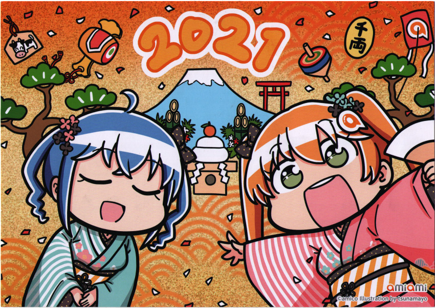 2021 :d amiami_(company) amico artist_name blue_hair bow character_name charm_(object) check_translation cherry_blossoms chinese_zodiac closed_eyes color_halftone color_issue confetti copyright_notice cow english_text flower food fruit green_eyes hair_bow hair_flower hair_ornament hand_fan highres huge_filesize japanese_clothes kadomatsu kagami_mochi kimono kimono_request kite kite_string leaf lilco logo mandarin_orange mochi mount_fuji new_year obi object_request omamori open_mouth own_hands_together paper_fan petals pink_hair postcard_(medium) sash scan self_scan shrine smile spinning_top striped_clothes striped_kimono torii translation_request tsunamayo year_of_the_ox