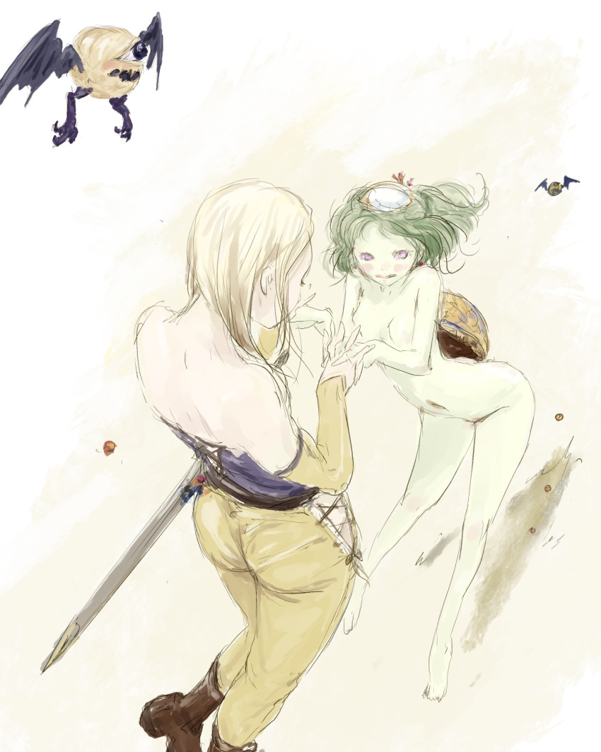 2girls ass blonde_hair blue_eyes blue_shirt boots celes_chere final_fantasy final_fantasy_vi green_hair highres hip_vent juju_(poipoipui) kappa long_hair multiple_girls pants scabbard sheath sheathed shirt short_hair sword tina_branford wavy_hair weapon yellow_pants