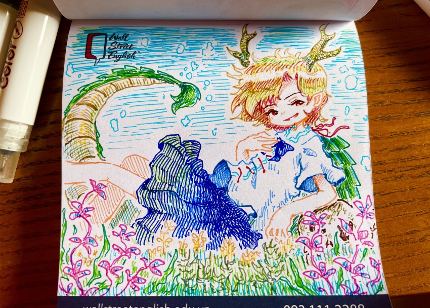 1girl absurdres antlers art_tools_in_frame blonde_hair blue_shirt blue_skirt commentary_request dragon_girl dragon_horns dragon_tail fur-tipped_tail green_scales green_tail highres horns kicchou_yachie looking_at_viewer open_mouth photo_(medium) shirt short_sleeves skirt smile solo spiked_shell suteruko tail touhou traditional_media turtle_shell yellow_eyes yellow_horns