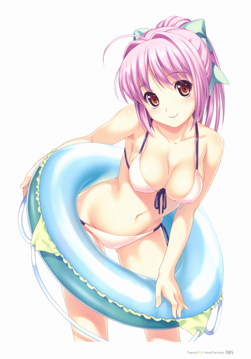 10s 1girl absurdres ahoge bikini bow breasts brown_eyes cleavage covered_erect_nipples female_focus front-tie_top hair_bow hair_intakes hair_ornament highres hinata_hanabi innertube koutaro looking_at_viewer navel pink_bikini pink_hair ponytail scan side-tie_bikini_bottom sideboob simple_background smile solo swim_ring swimsuit tropical_kiss white_background white_bikini