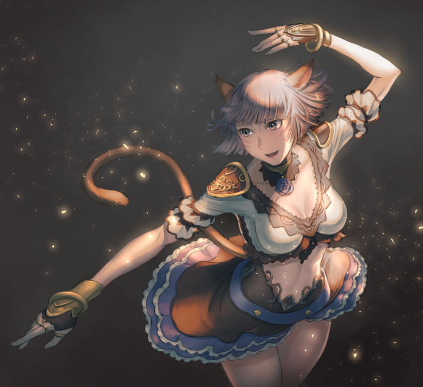 1girl :d animal_ears adventurer_(ff11) belt blue_belt blue_eyes blue_flower blue_rose bracelet breasts brown_tail cactus41747280 cat_ears cat_girl cat_tail cleavage collarbone dancer dancer_(final_fantasy) facial_mark final_fantasy final_fantasy_xi flamenco flower frilled_skirt frills grey_hair highres jewelry medium_breasts midriff mithra_(ff11) no_eyebrows open_mouth ring rose shirt short_hair skirt smile solo tail whisker_markings white_shirt