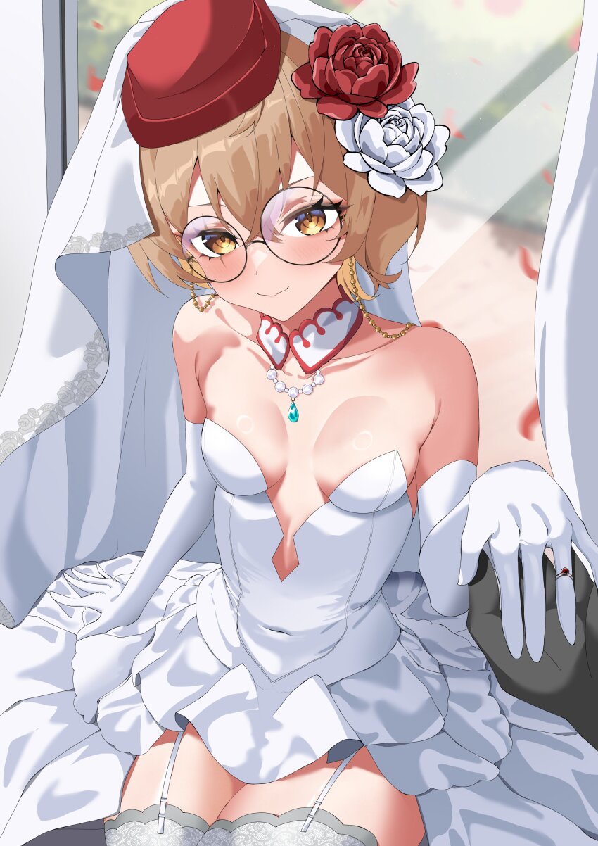 1girl absurdres beanie breasts brown_eyes brown_hair clio_aite closed_mouth collar collarbone commission covered_navel detached_collar dress elbow_gloves flower garter_straps glasses gloves hat highres jewelry mon_monn phase_connect red_flower red_hat red_rose ring rose round_eyewear short_hair sitting small_breasts smile solo strapless strapless_dress thighhighs virtual_youtuber wedding_dress white_collar white_flower white_garter_straps white_gloves white_rose