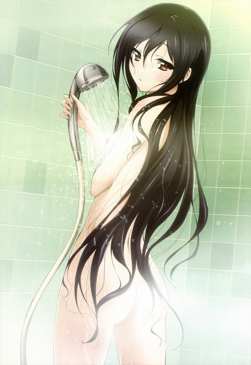 1girl accel_world ass black_hair breasts female_focus highres kuroyukihime long_hair looking_at_viewer nipples nude shower small_breasts solo