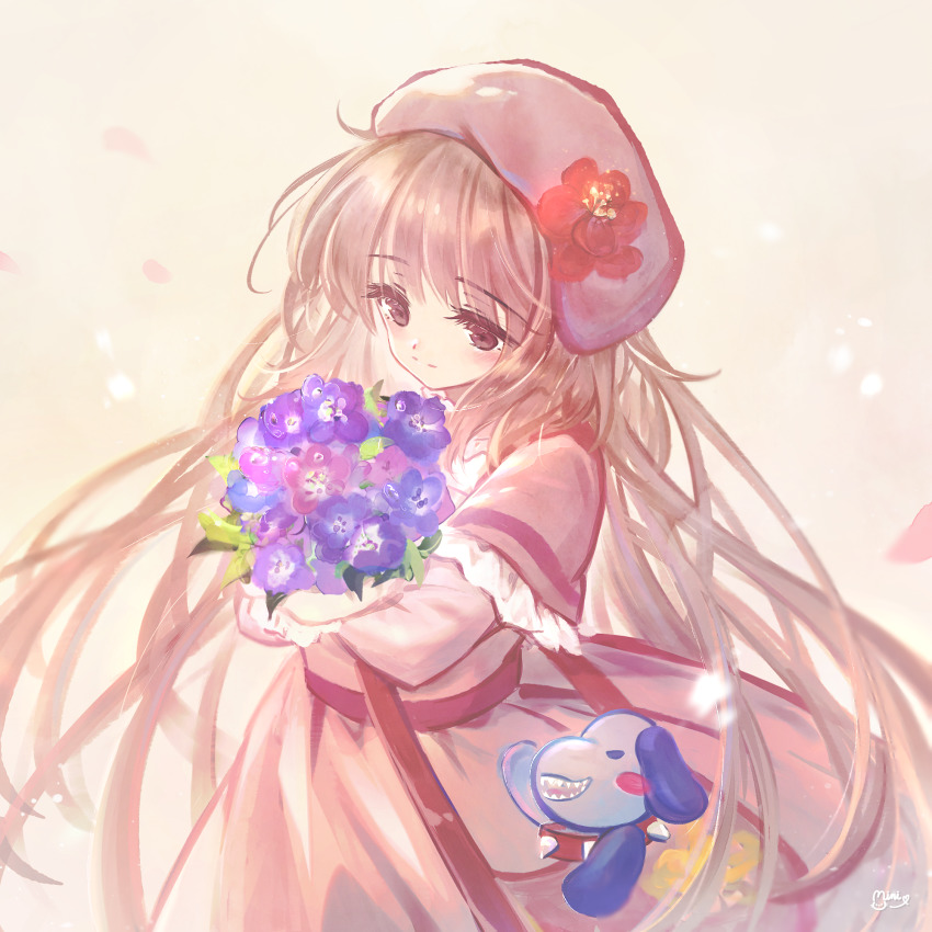 1girl beret blush bouquet brown_background brown_eyes brown_hair capelet character_request closed_mouth commentary_request danby_merong dress female_focus flower frilled_capelet frills hat hat_flower highres hugging_object kobato. light_smile long_hair long_sleeves looking_at_object looking_away petals pink_capelet pink_dress pink_flower pink_hat purple_flower red_flower signature solo split_mouth very_long_hair