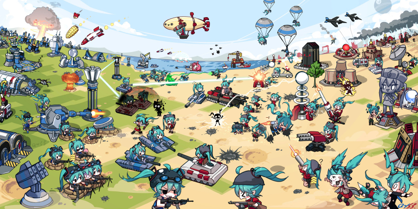 &gt;_&lt; &lt;|&gt;_&lt;|&gt; 0_0 6+girls :&gt; ? ^^^ absurdres ahoge aircraft airplane angry_birds animal_ears apocalypse_tank_(red_alert_2) artist_name bare_arms bare_shoulders black_footwear black_helmet blue_hair blue_sky blush_stickers bomb brown_shirt building burning chinese_commentary closed_eyes cloud command_&amp;_conquer command_&amp;_conquer:_red_alert command_&amp;_conquer:_red_alert_2 commentary_request corn cosplay crop_top crossed_bandaids day death_star dirigible dog_ears dog_girl dog_tail dynamite eighth_note electricity explosion explosive eyepatch fire firing flak flying_sweatdrops fur_hat gameplay_mechanics goggles goggles_on_headwear green_shorts grin gun hair_through_headwear hand_fan hat hatsune_miku hawker_harrier helmet highres holding holding_gun holding_weapon horizon kemonomimi_mode kirov_airship lightning lightning_bolt_symbol long_hair megurine_luka midriff military_vehicle mirage_tank_(red_alert_2) missile motor_vehicle multiple_girls muscular muscular_female mushroom_cloud musical_note nintendo_switch on_ground open_mouth outdoors paintbrush painting_(action) paper_fan parachute parted_lips paw_shoes pleated_skirt ppsh-41 prism_tank_(red_alert_2) profile qys3 red_(angry_birds) red_skirt sacabambaspis sand sandbag satellite_dish sharp_teeth shirt shorts skeleton skirt sky sleeveless sleeveless_shirt smile smoke star_wars statue submachine_gun sunglasses tail takoluka tank tank_destroyer tanya_adams tanya_adams_(cosplay) teardrop teeth terror_drone_(red_alert_2) tesla_coil thomas_the_tank_engine thomas_the_tank_engine_(character) tongue tongue_out tree triangle_mouth turn_pale turret twintails uchiwa very_long_hair vocaloid water weapon x_x yuri_(c&amp;c) yuri_(c&amp;c)_(cosplay) zzz