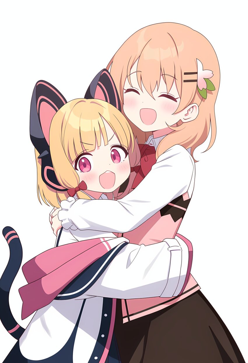 2girls :3 :d ^_^ animal_ear_headphones animal_ears apron blonde_hair blue_archive blunt_bangs bow brown_skirt buttons cat_tail closed_eyes coat collared_shirt commentary_request cowboy_shot dot_nose ekoren fake_animal_ears fake_tail flower furrowed_brow gochuumon_wa_usagi_desu_ka? hair_bow hair_flower hair_intakes hair_ornament hair_over_shoulder hairclip headphones highres hood hood_down hooded_coat hoto_cocoa hug light_blush long_eyelashes long_sleeves look-alike looking_at_viewer low-tied_medium_hair medium_eyebrows medium_hair momoi_(blue_archive) multiple_girls no_halo open_mouth orange_hair pink_apron pink_eyes rabbit_house_uniform red_bow shirt sidelocks simple_background skirt smile tail teeth upper_teeth_only white_background white_coat white_shirt winter_uniform