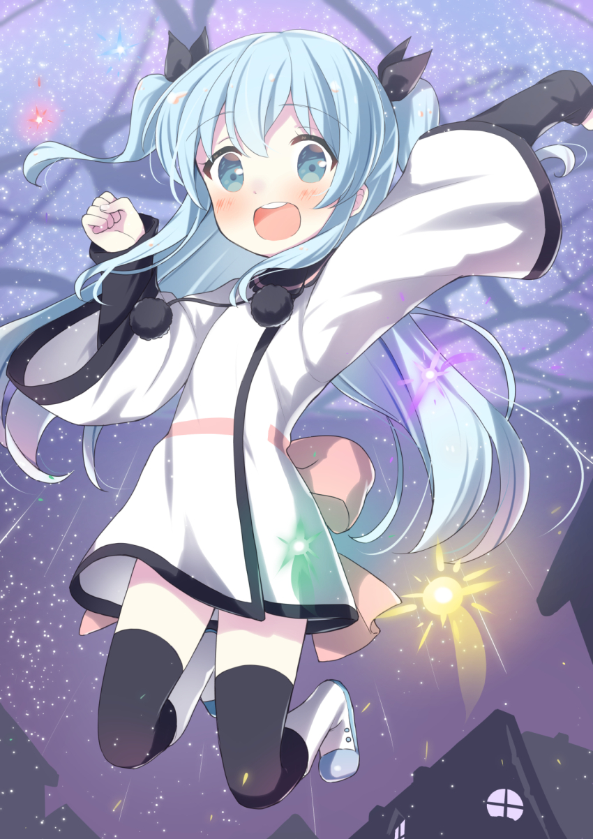 1girl :d back_bow black_bow black_thighhighs blue_eyes blue_hair boots bow dress hair_bow highres ichiyo12 jumping long_hair long_sleeves night noel_(sora_no_method) open_mouth pink_bow pom_pom_(clothes) smile sora_no_method teeth thighhighs two_side_up upper_teeth_only white_dress wide_sleeves
