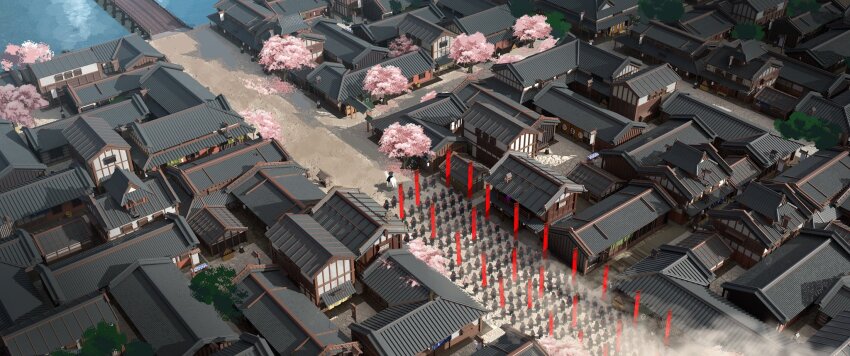 6+boys architecture banner battle_standard blue_eye_samurai building cherry_blossoms commentary concept_art day dirt_road dock dust_cloud east_asian_architecture english_commentary from_above highres horseback_riding marching multiple_boys netflix ocean official_art outdoors railing riding road scenery soldier too_many town tree war_banner white_horse yun_ling