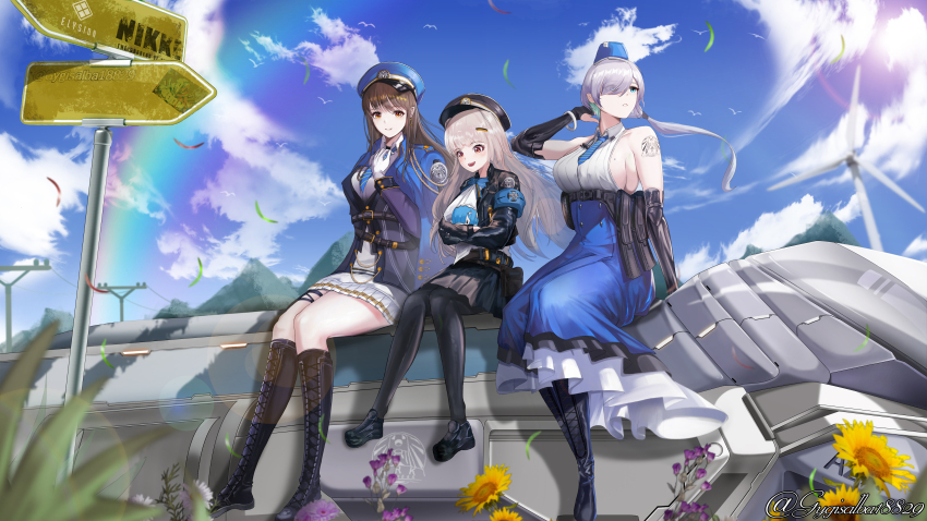 3girls :d absurdres arm_support arm_up armband backless_shirt bare_shoulders belt belt_pouch black_belt black_footwear black_gloves black_hat black_jacket black_pantyhose black_skirt blue_armband blue_coat blue_eyes blue_hat blue_necktie blue_skirt blue_sky boots bow bracelet breasts brid_(nikke) bridal_gauntlets brown_eyes brown_hair character_doll cloud coat coat_on_shoulders collared_shirt commentary day diesel_(nikke) doll doom_(series) doveteacher earrings flower full_body garrison_cap gloves goddess_of_victory:_nikke grey_hair hair_between_eyes hair_ornament hair_over_one_eye hairclip hand_up hat high-waist_skirt highres holding holding_doll infinity_rail_(nikke) jacket jewelry knee_boots large_breasts logo long_hair long_skirt looking_at_another looking_down looking_up medium_breasts military_hat mole mole_on_breast mountainous_horizon multiple_girls necktie open_mouth outdoors pantyhose parted_lips peaked_cap pleated_skirt pouch power_lines rainbow re:zero_kara_hajimeru_isekai_seikatsu rem_(re:zero) road_sign shadow shirt shoulder_tattoo sideboob sideless_shirt sidelocks sign sitting skirt sky sleeveless smile soline_(nikke) striped_necktie sunflower tattoo thigh_belt thigh_pouch thigh_strap train triangle_earrings twitter_username underbust utility_pole white_gloves white_hair white_shirt wind windmill